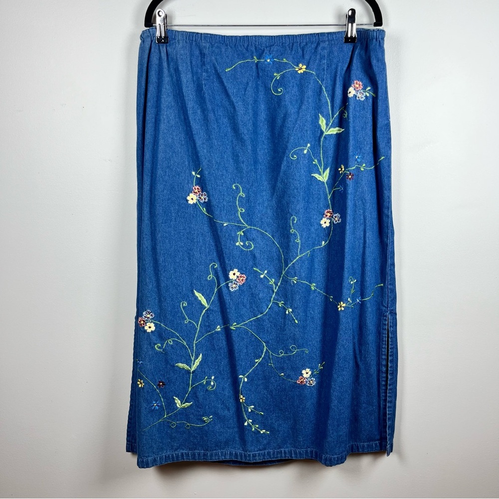 Vintage Blue Floral Boho Embroidery Cottagecore Modest Midi Fall Skirt XL